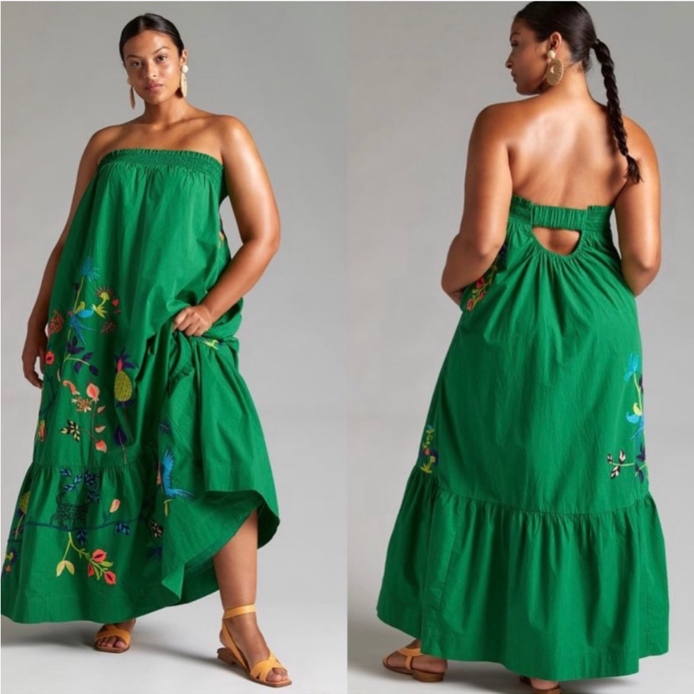 Anthropologie Green Embroidered Strapless Maxi Dress